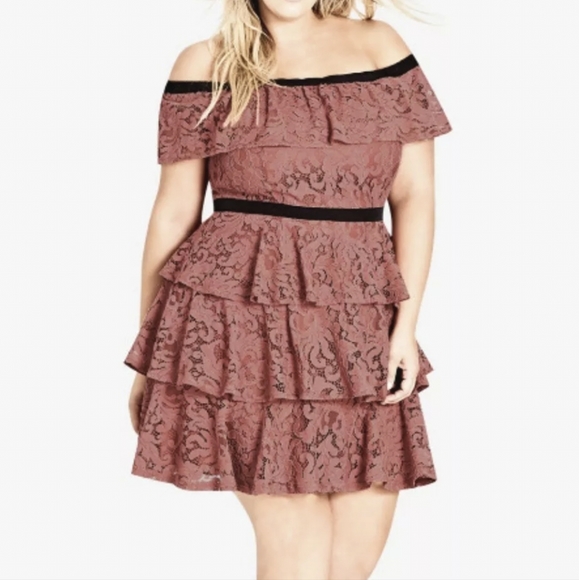 City Chic Size M 18 Red Maroon Floral Lace Off Shoulder Tiered Dress Plus Size - Picture 3 of 3